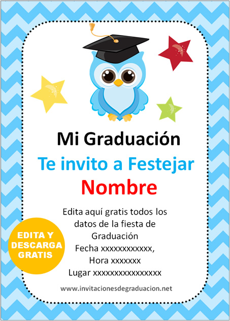 Invitación de graduación para kinder Buho Nene